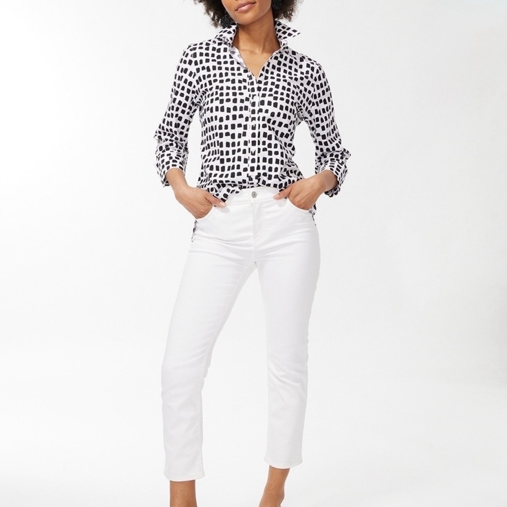 Chico's Monochrome Square Print No Iron Button Down Shirt